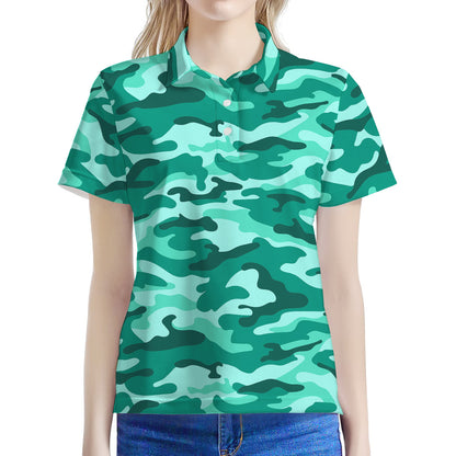 Teal Camouflage Print Women's Polo Shirt