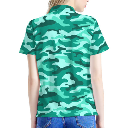 Teal Camouflage Print Women's Polo Shirt