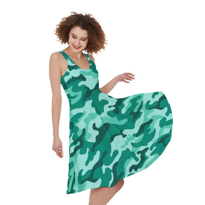 Teal Camouflage Print Women's Sleeveless Dress