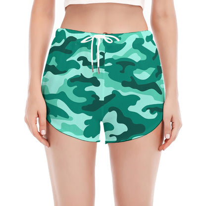 Teal Camouflage Print Women's Split Running Shorts