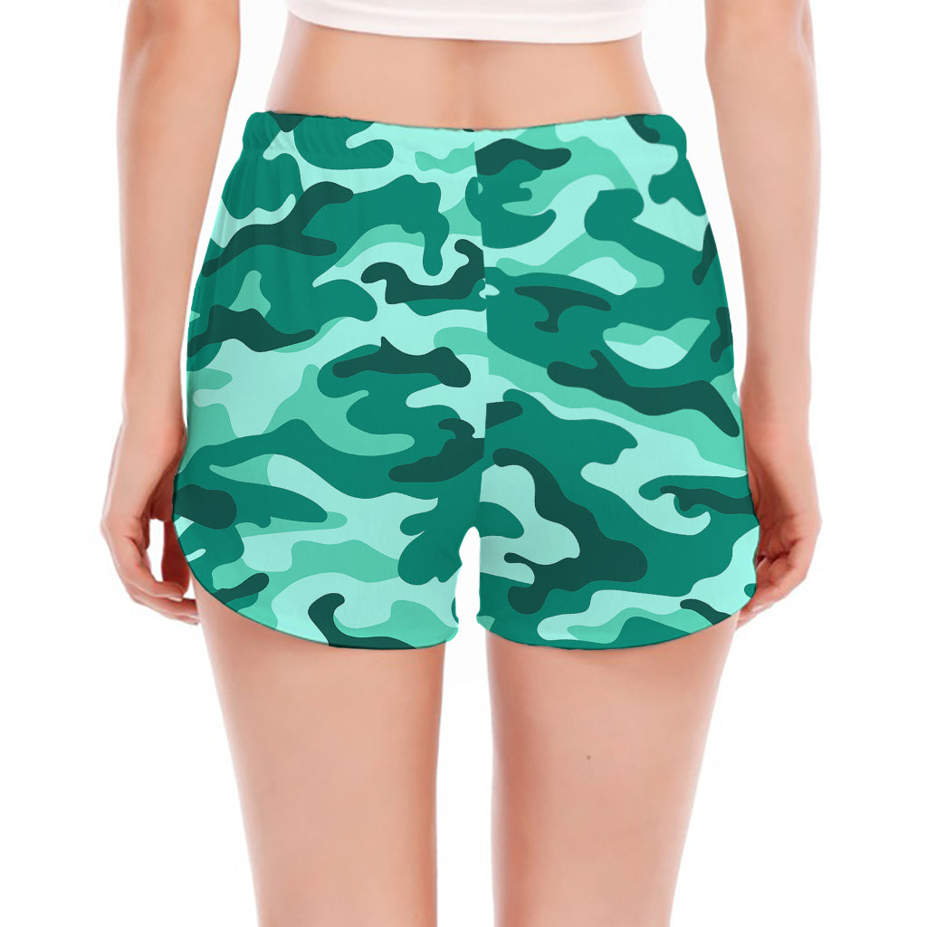 Teal Camouflage Print Women's Split Running Shorts