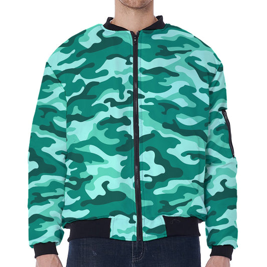 Teal Camouflage Print Zip Sleeve Bomber Jacket