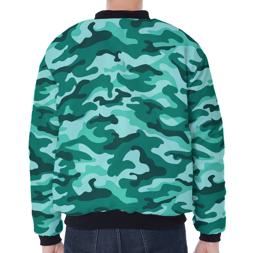 Teal Camouflage Print Zip Sleeve Bomber Jacket