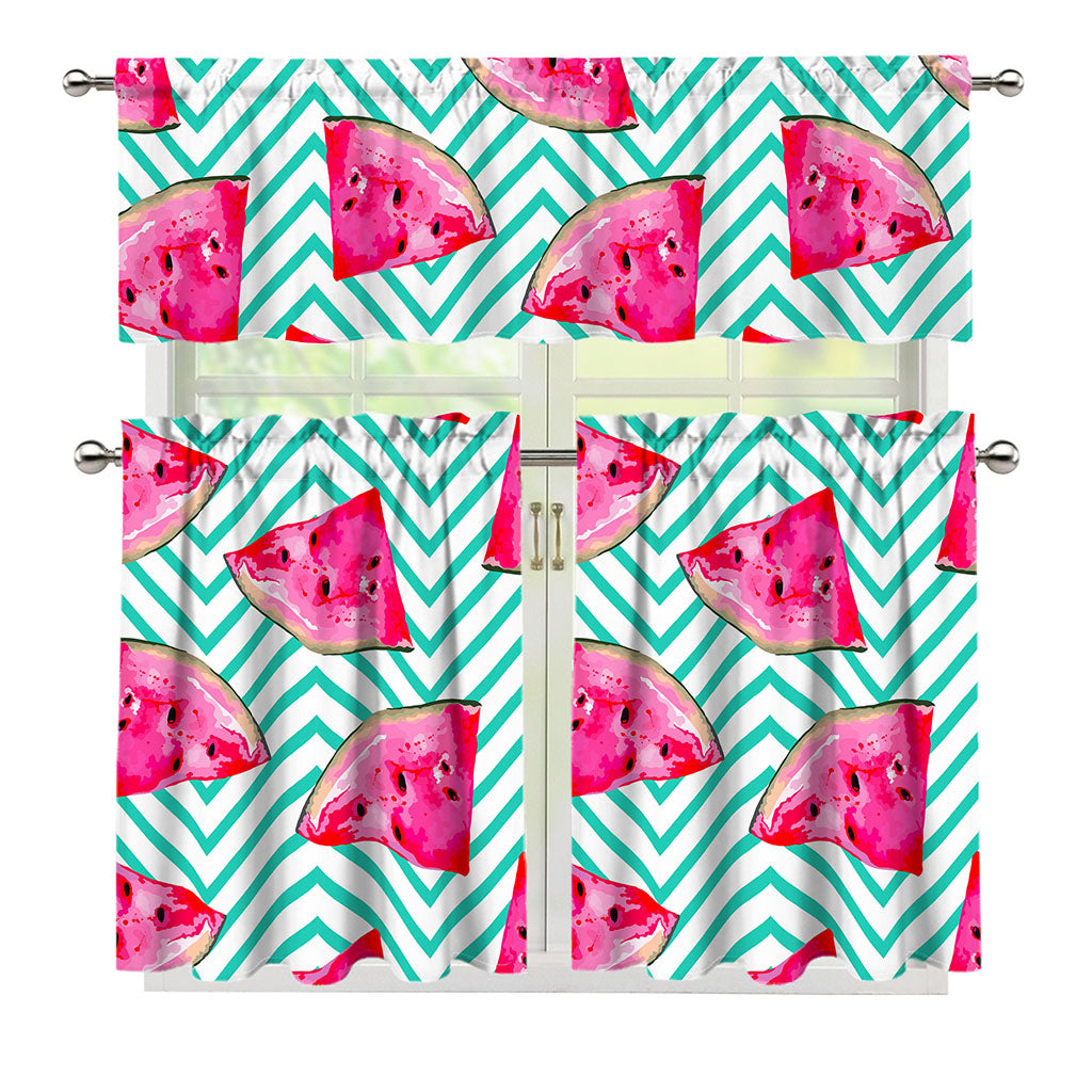 Teal Chevron Watermelon Pattern Print 3 Piece Kitchen Curtains