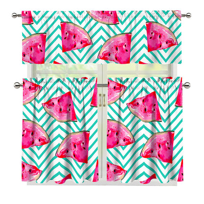 Teal Chevron Watermelon Pattern Print 3 Piece Kitchen Curtains