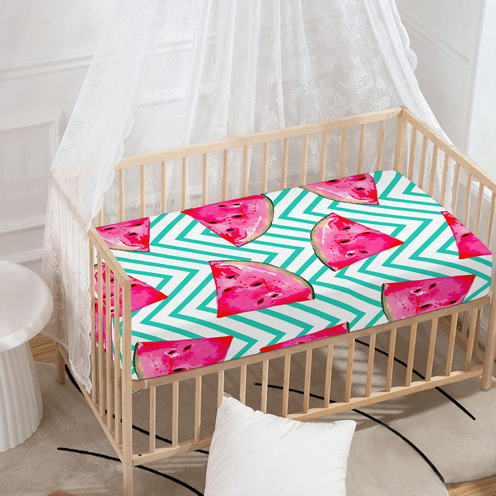 Teal Chevron Watermelon Pattern Print Baby Crib Sheet