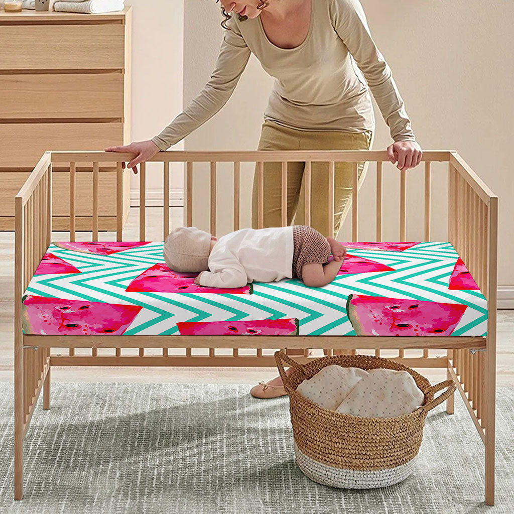 Teal Chevron Watermelon Pattern Print Baby Crib Sheet