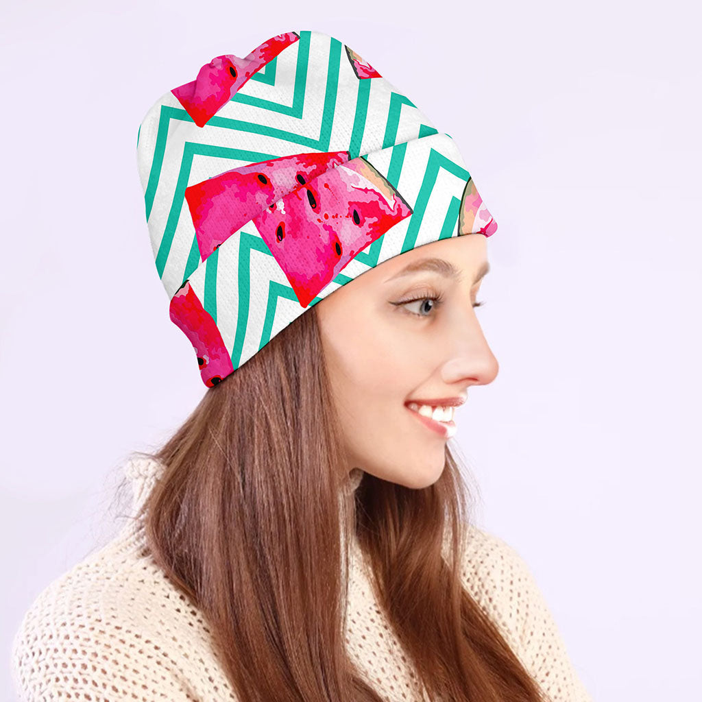 Teal Chevron Watermelon Pattern Print Beanie