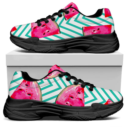 Teal Chevron Watermelon Pattern Print Black Chunky Shoes