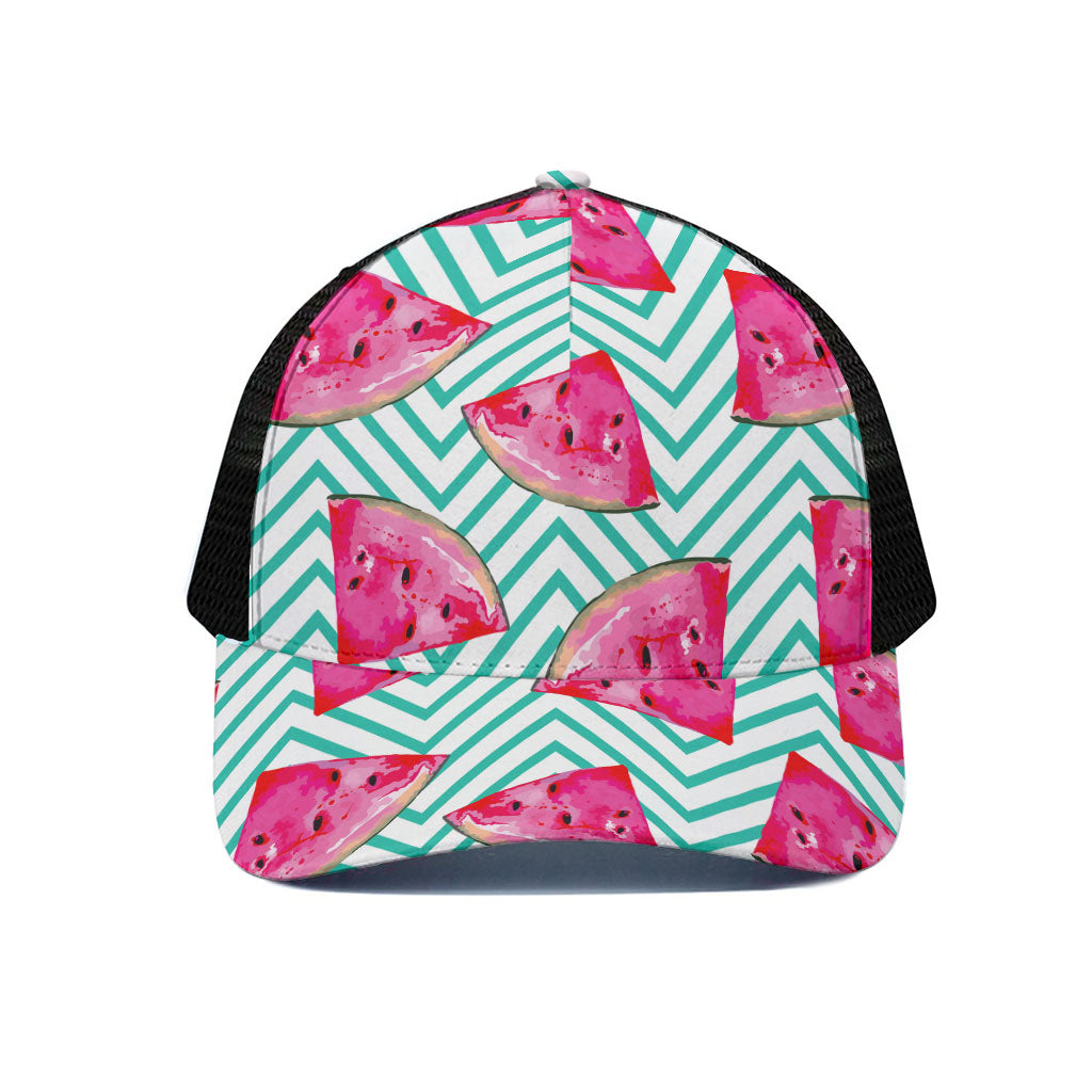 Teal Chevron Watermelon Pattern Print Black Mesh Trucker Cap