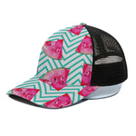 Teal Chevron Watermelon Pattern Print Black Mesh Trucker Cap