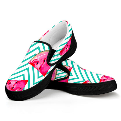 Teal Chevron Watermelon Pattern Print Black Slip On Sneakers