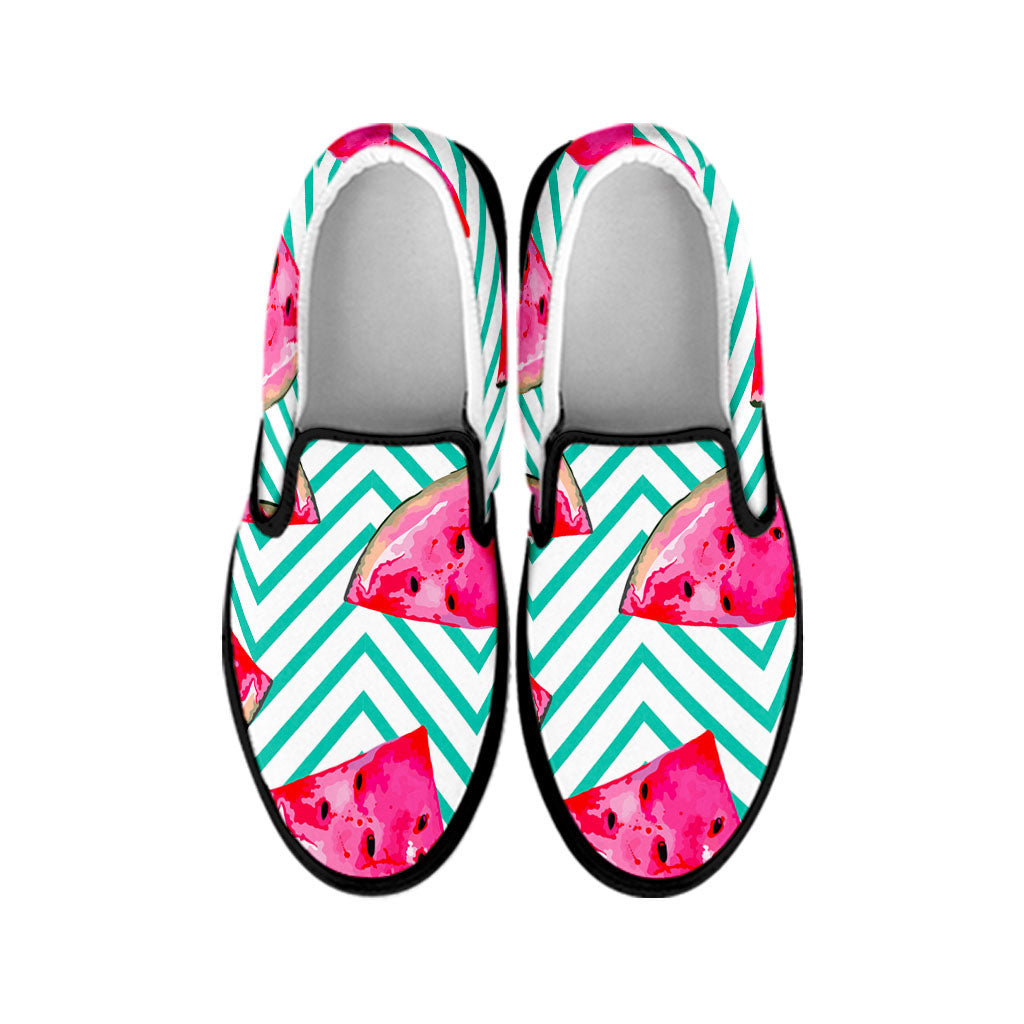 Teal Chevron Watermelon Pattern Print Black Slip On Sneakers