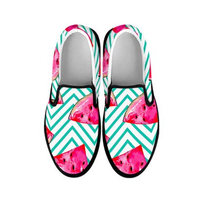 Teal Chevron Watermelon Pattern Print Black Slip On Sneakers