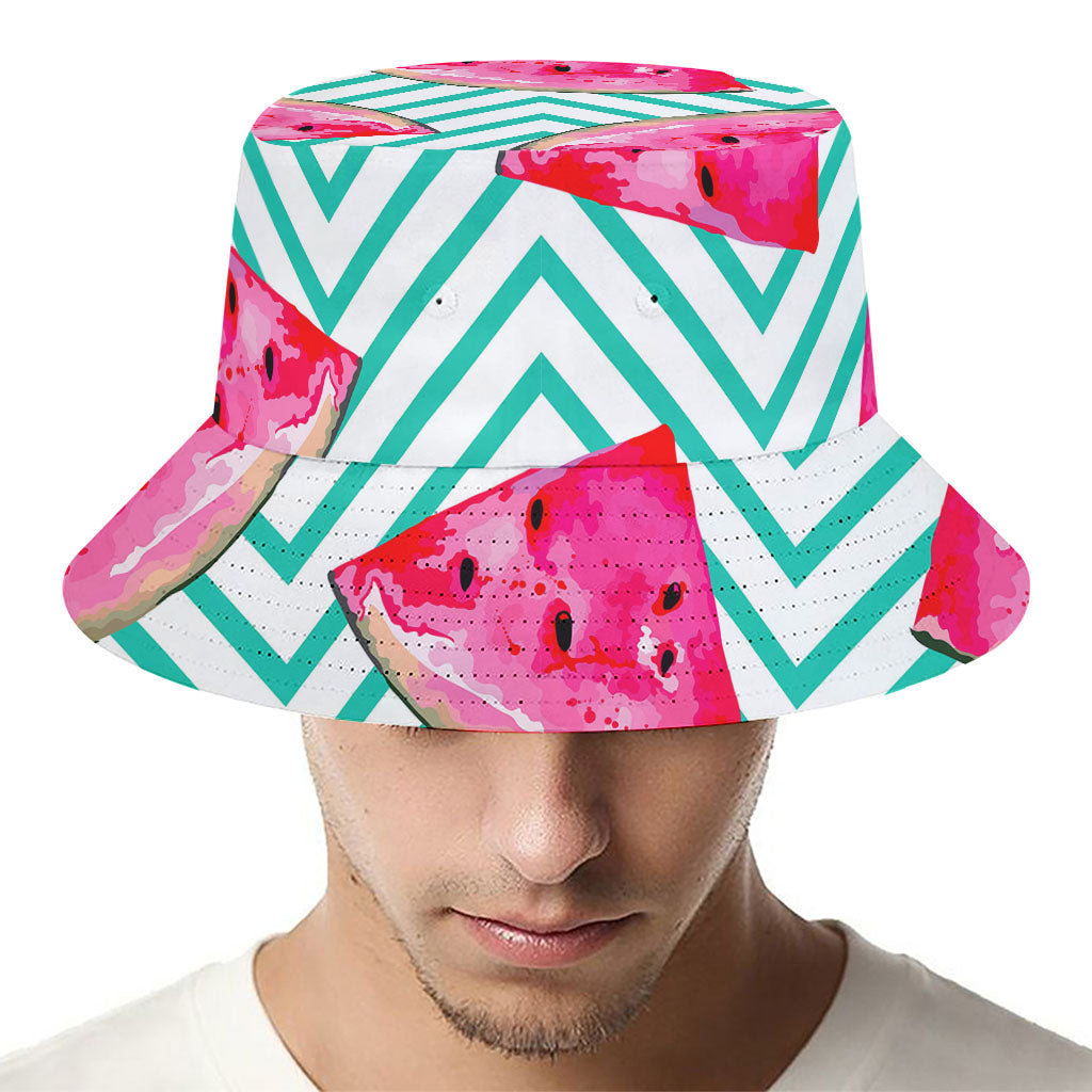 Teal Chevron Watermelon Pattern Print Bucket Hat