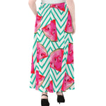 Teal Chevron Watermelon Pattern Print Chiffon Maxi Skirt