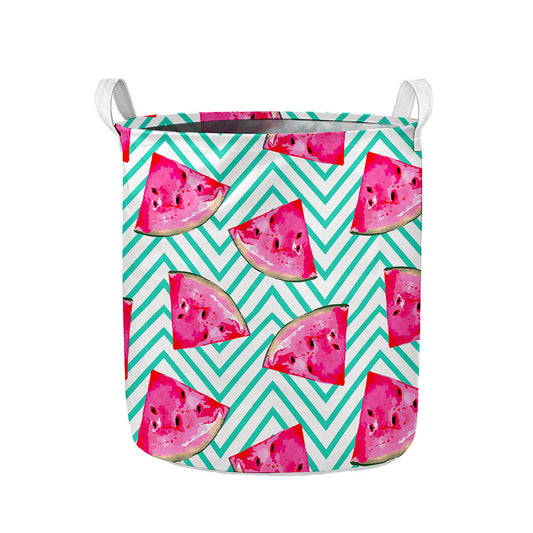 Teal Chevron Watermelon Pattern Print Collapsible Laundry Basket