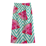 Teal Chevron Watermelon Pattern Print Cotton Front Slit Maxi Skirt