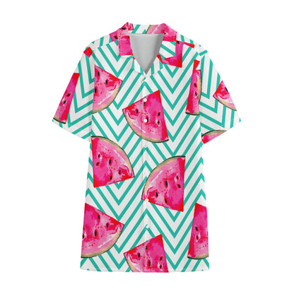 Teal Chevron Watermelon Pattern Print Cotton Hawaiian Shirt