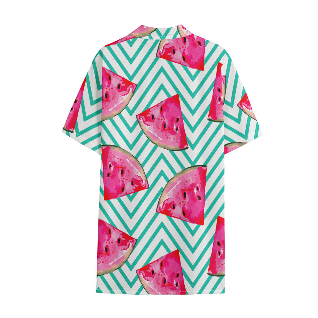 Teal Chevron Watermelon Pattern Print Cotton Hawaiian Shirt