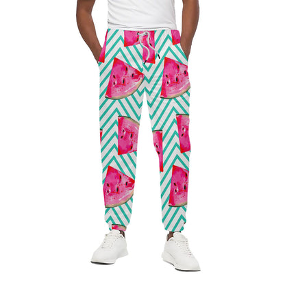 Teal Chevron Watermelon Pattern Print Cotton Pants