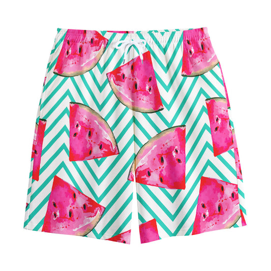 Teal Chevron Watermelon Pattern Print Cotton Shorts