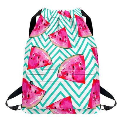 Teal Chevron Watermelon Pattern Print Drawstring Backpack