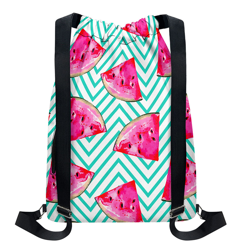 Teal Chevron Watermelon Pattern Print Drawstring Backpack