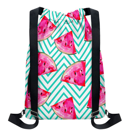 Teal Chevron Watermelon Pattern Print Drawstring Backpack