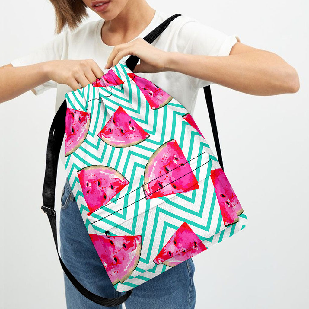 Teal Chevron Watermelon Pattern Print Drawstring Backpack