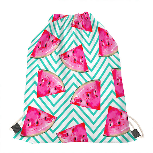 Teal Chevron Watermelon Pattern Print Drawstring Bag