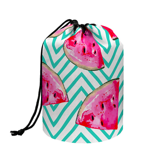 Teal Chevron Watermelon Pattern Print Drawstring Makeup Bag