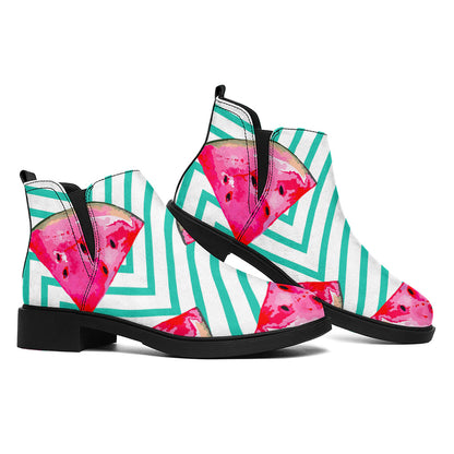 Teal Chevron Watermelon Pattern Print Flat Ankle Boots
