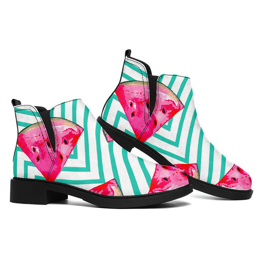 Teal Chevron Watermelon Pattern Print Flat Ankle Boots
