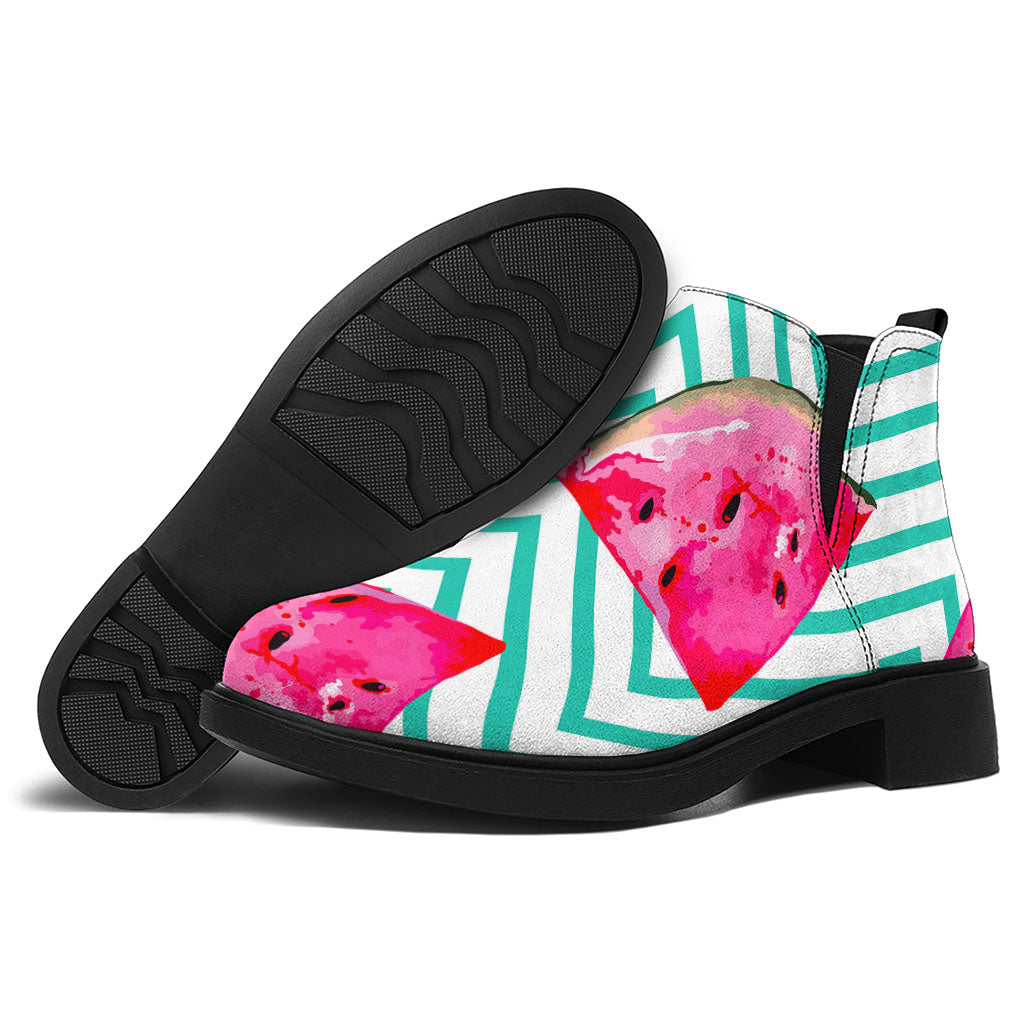 Teal Chevron Watermelon Pattern Print Flat Ankle Boots