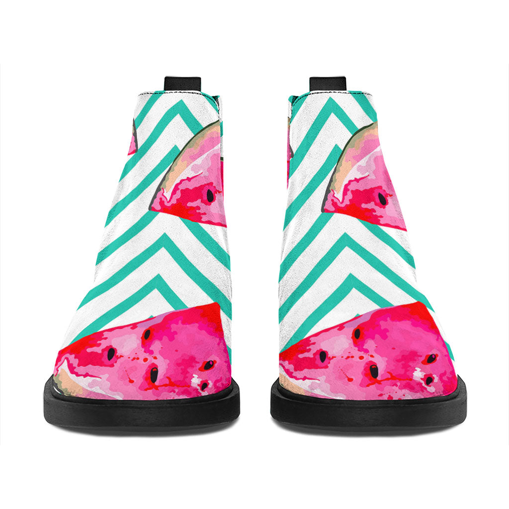 Teal Chevron Watermelon Pattern Print Flat Ankle Boots