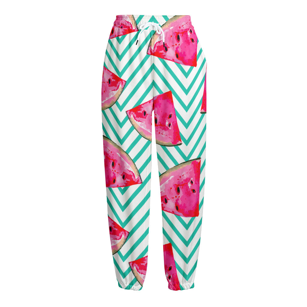 Teal Chevron Watermelon Pattern Print Fleece Lined Knit Pants
