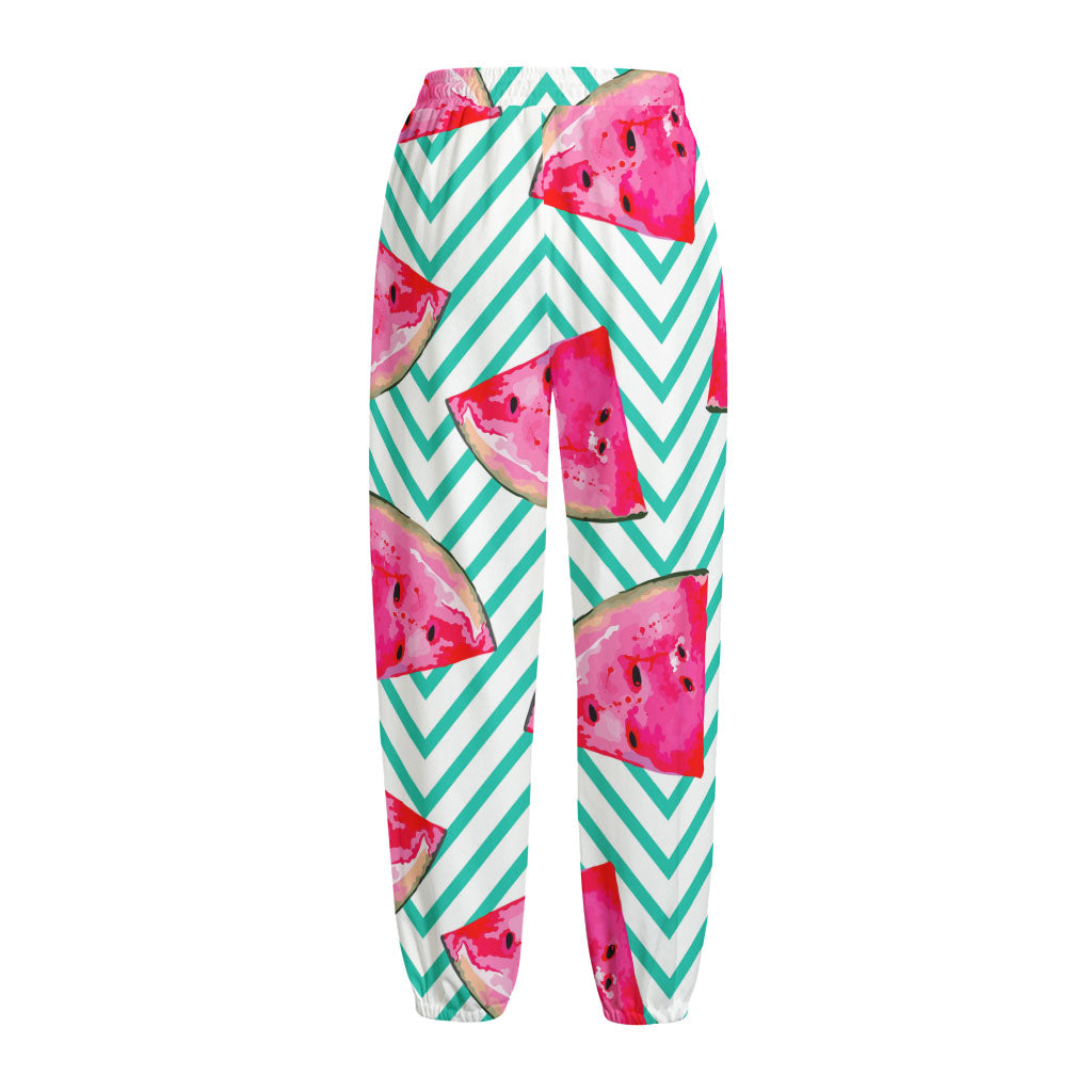 Teal Chevron Watermelon Pattern Print Fleece Lined Knit Pants