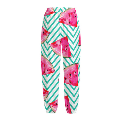 Teal Chevron Watermelon Pattern Print Fleece Lined Knit Pants