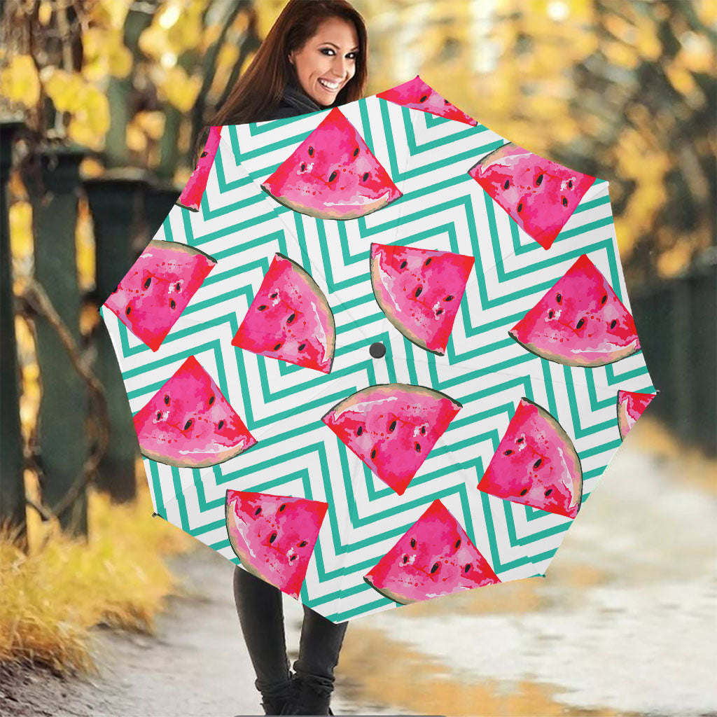 Teal Chevron Watermelon Pattern Print Foldable Umbrella