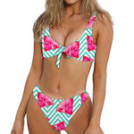 Teal Chevron Watermelon Pattern Print Front Bow Tie Bikini
