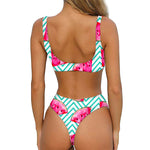 Teal Chevron Watermelon Pattern Print Front Bow Tie Bikini