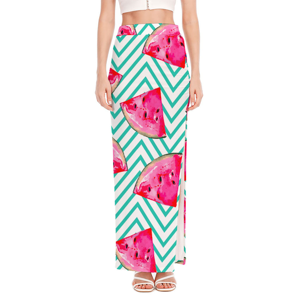 Teal Chevron Watermelon Pattern Print High Slit Maxi Skirt