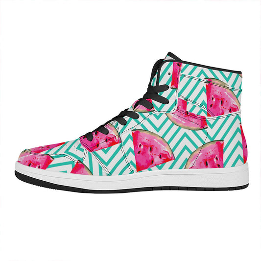 Teal Chevron Watermelon Pattern Print High Top Leather Sneakers