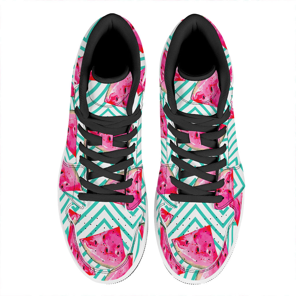 Teal Chevron Watermelon Pattern Print High Top Leather Sneakers