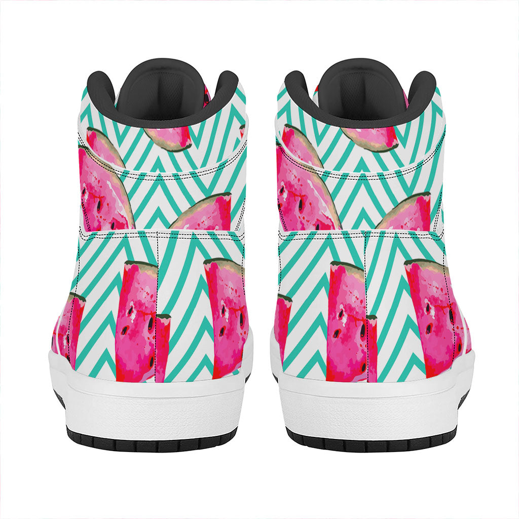 Teal Chevron Watermelon Pattern Print High Top Leather Sneakers