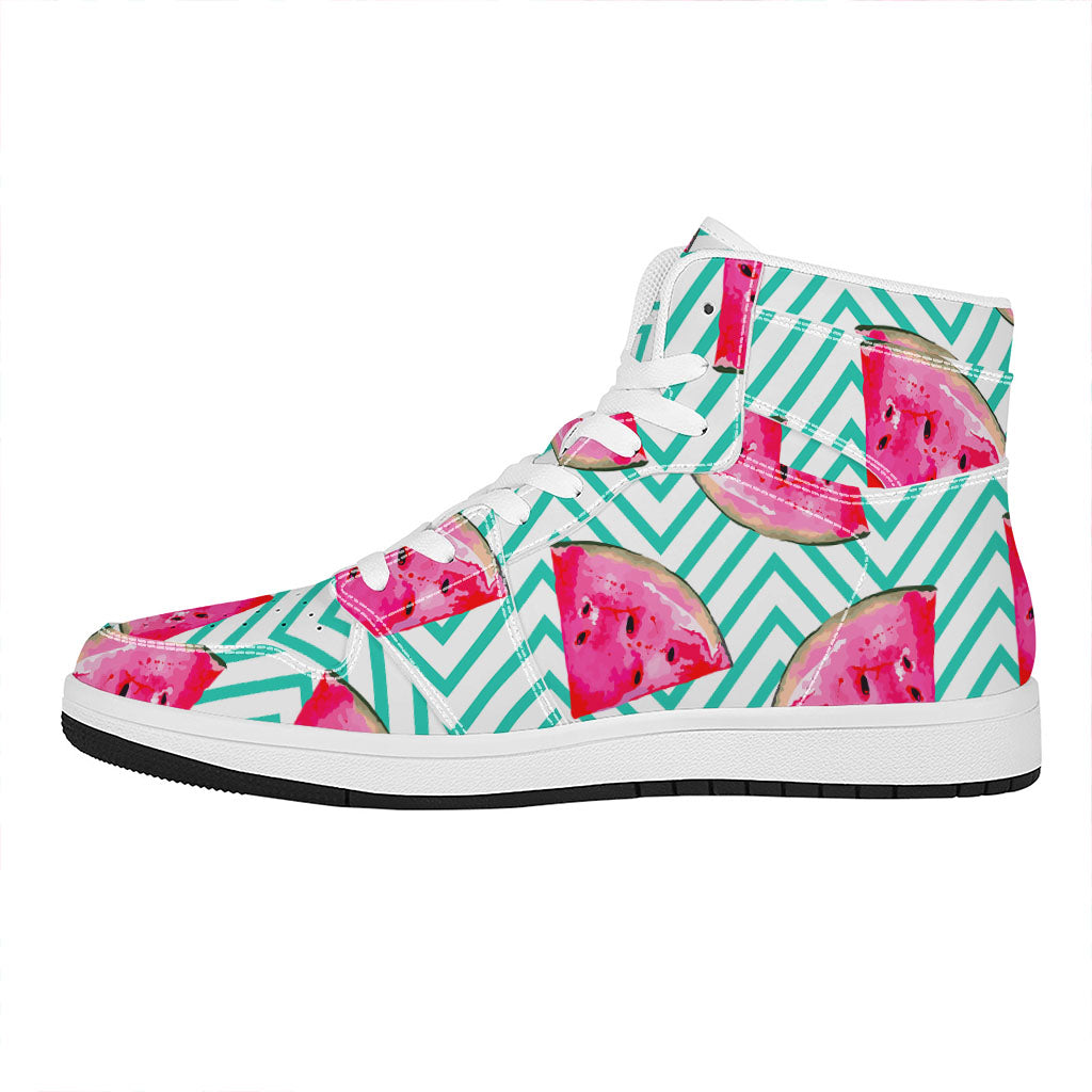 Teal Chevron Watermelon Pattern Print High Top Leather Sneakers