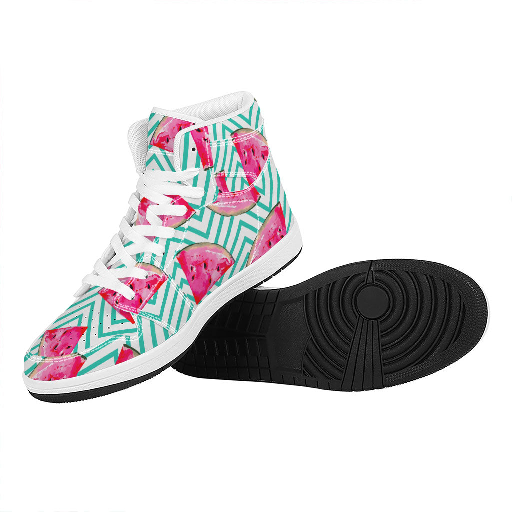 Teal Chevron Watermelon Pattern Print High Top Leather Sneakers