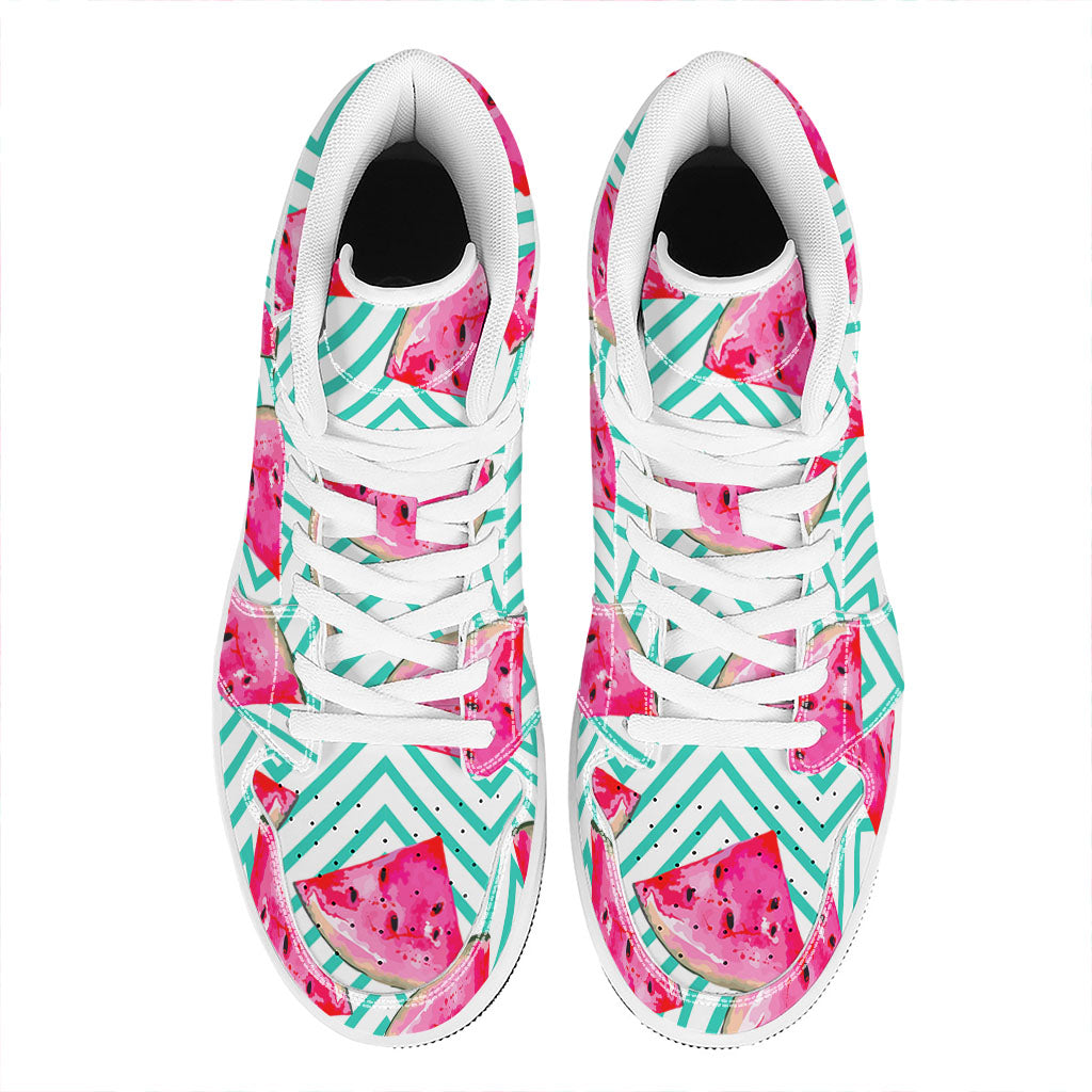 Teal Chevron Watermelon Pattern Print High Top Leather Sneakers