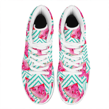 Teal Chevron Watermelon Pattern Print High Top Leather Sneakers
